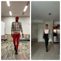 two pictures of a man and a woman walking in an office